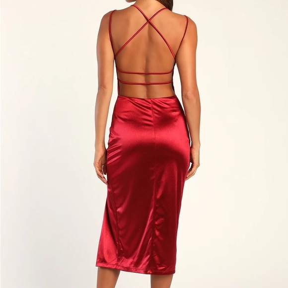Lulus Magnificent Muse Red Satin Strappy Sleeveless Bodycon Midi - Picture 5 of 6